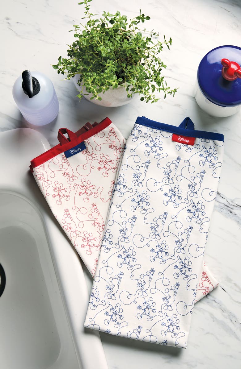 Disney Mickey Bon Voyage Set of 2 Cotton Dish Towels, Alternate, color, Blue/ Red