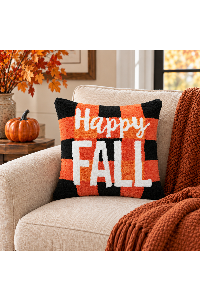 "Happy Fall" Hooked Accent Throw Pillow 18" x 18", Alternate, color, Orange