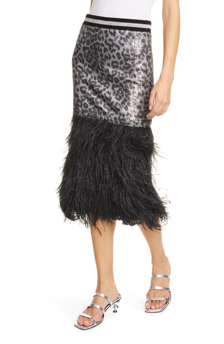 Le Superbe Marmont Sequin Leopard Print & Ostrich Feather Skirt, Main, color, 