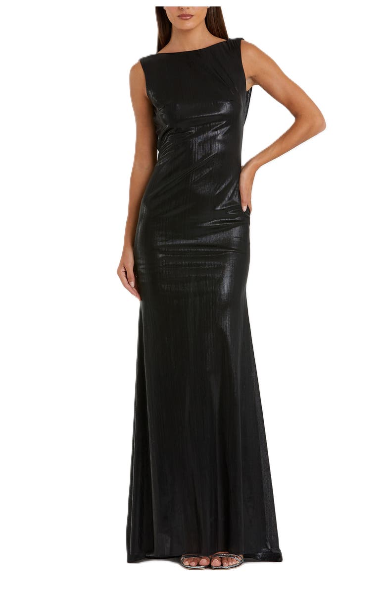 Mac Duggal Metallic Column Evening Gown with Elegant Cowl Back, Main, color, Black