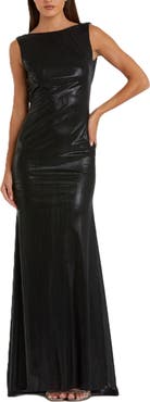 Mac Duggal Metallic Column Evening Gown with Elegant Cowl Back