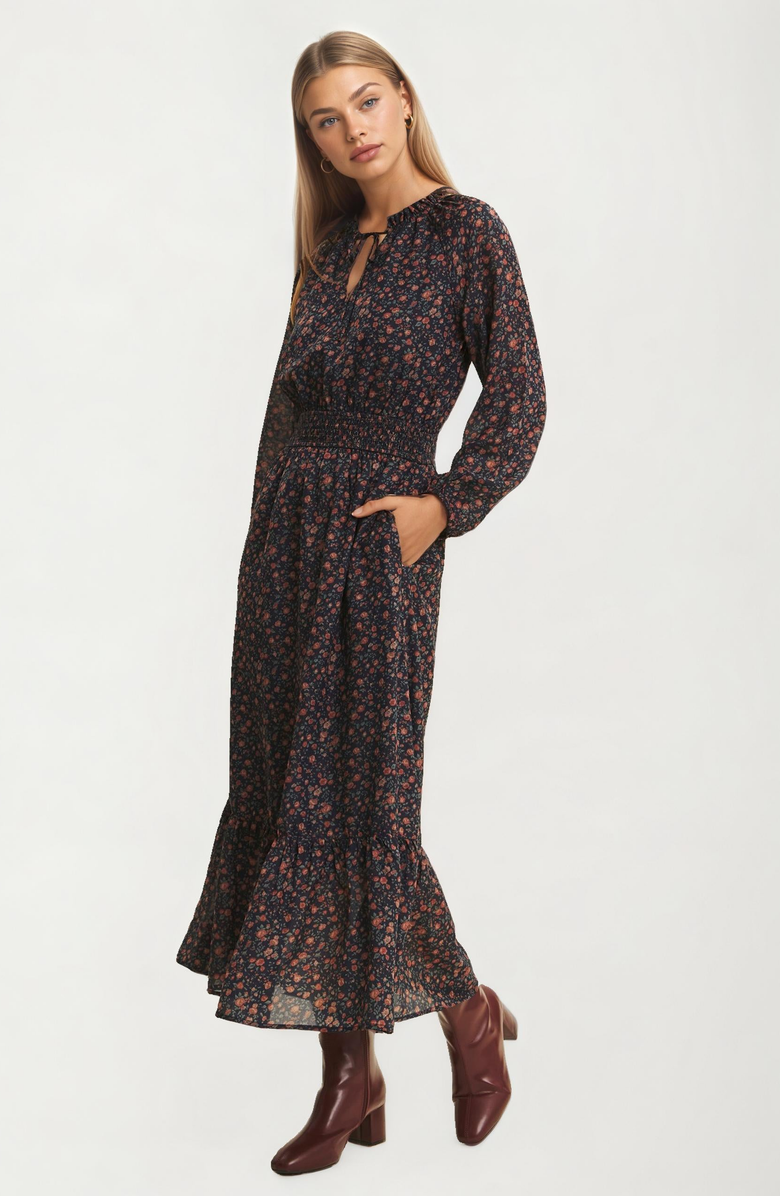 Knit and Lounge Long Sleeve Smocked Waist Floral Midi Dress, Alternate, color, Navy / Rust Floral