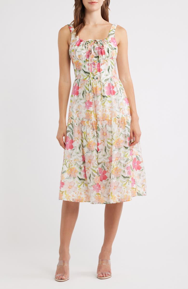 Lulus Kai Floral Print Sleeveless Midi Dress, Main, color, Ivory Multi