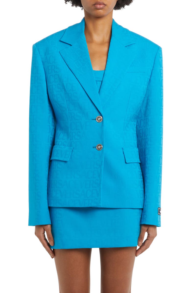 Versace Logo Jacquard Virgin Wool Blazer, Main, color, 