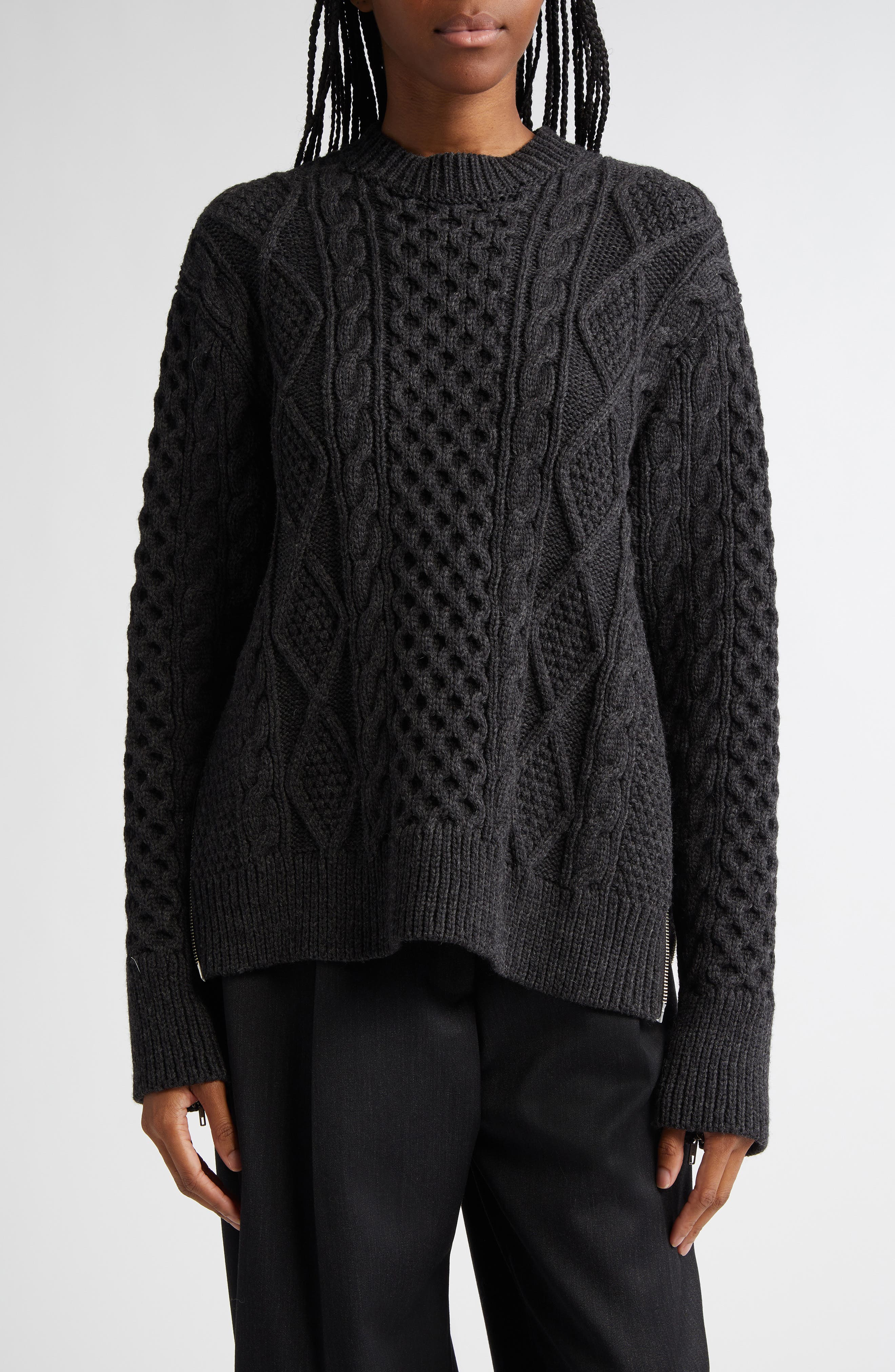 MONSE Oversize Side Zip Wool Cable Stitch Sweater in Charcoal 