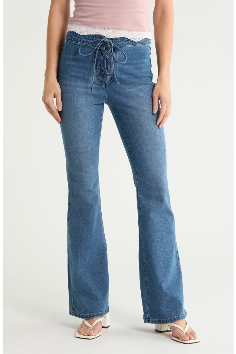Lace Up High Waist Flare Jeans, Main, color, MED WASH