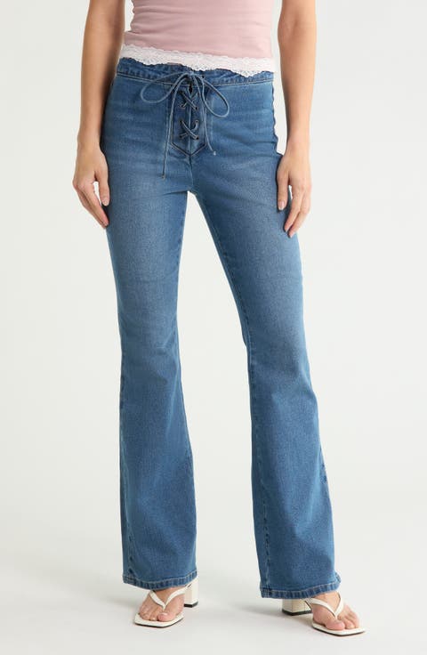 Lace Up High Waist Flare Jeans