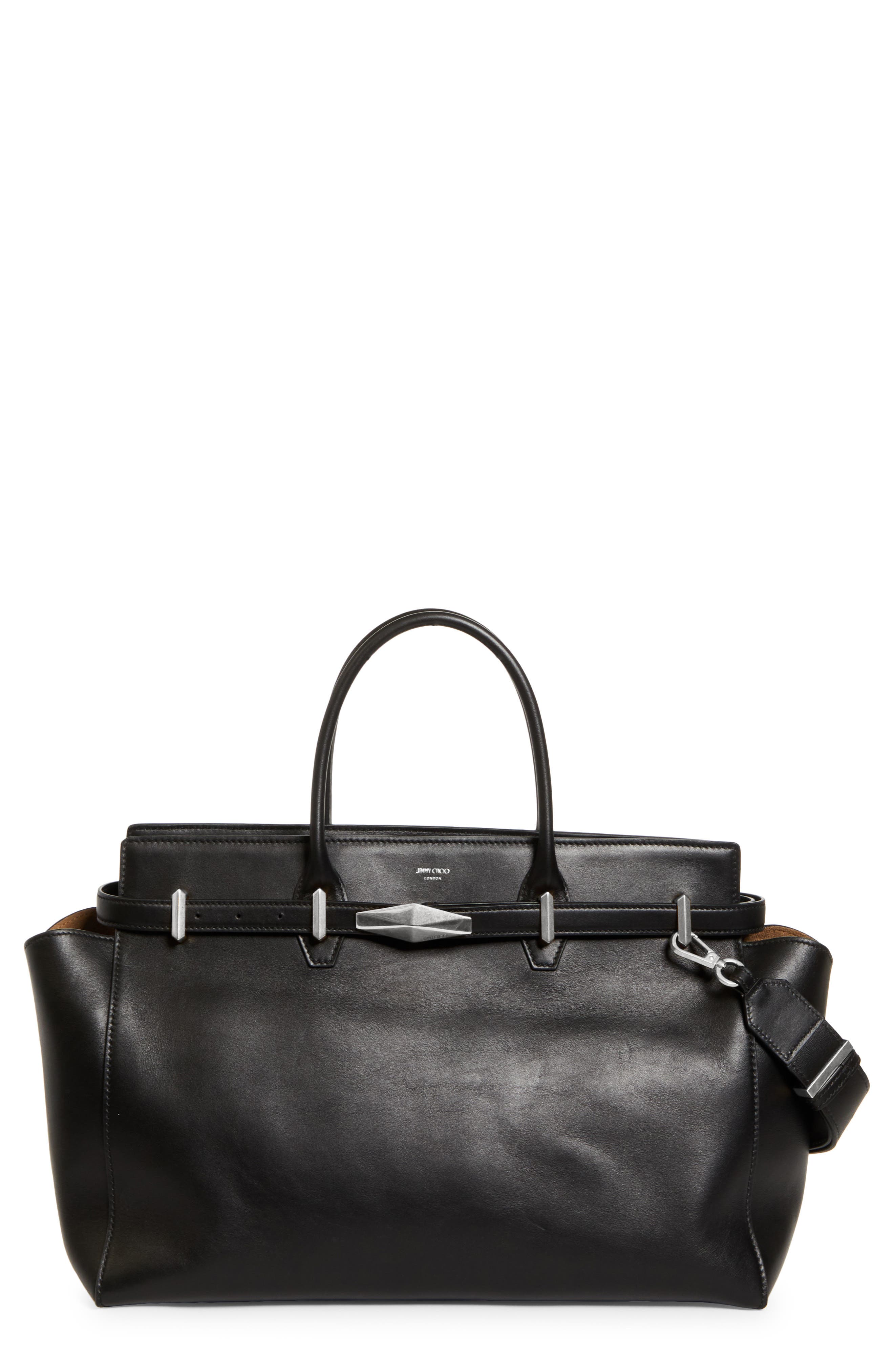 Jimmy Choo Medium Diamond Leather Belted Tote, Main, color, Black/ Antique Silver