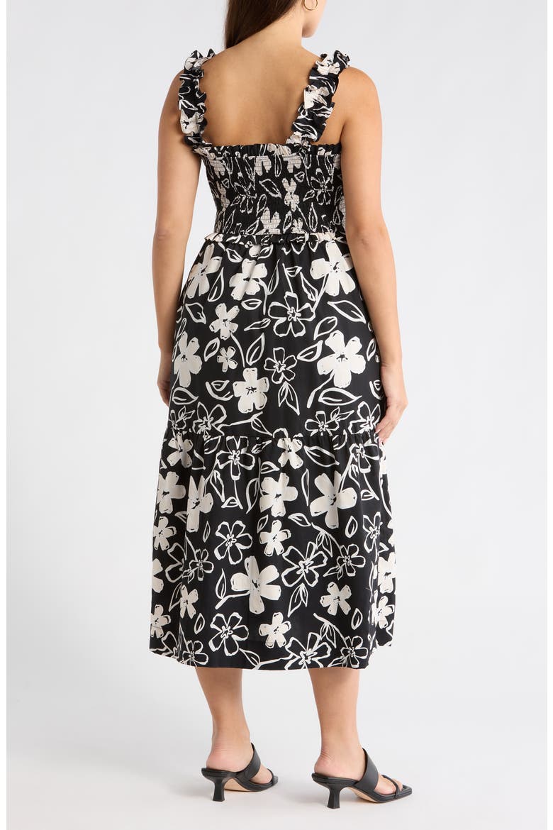 Kianza Floral Ember Smocked Midi Dress, Alternate, color, BLACK-WHITE