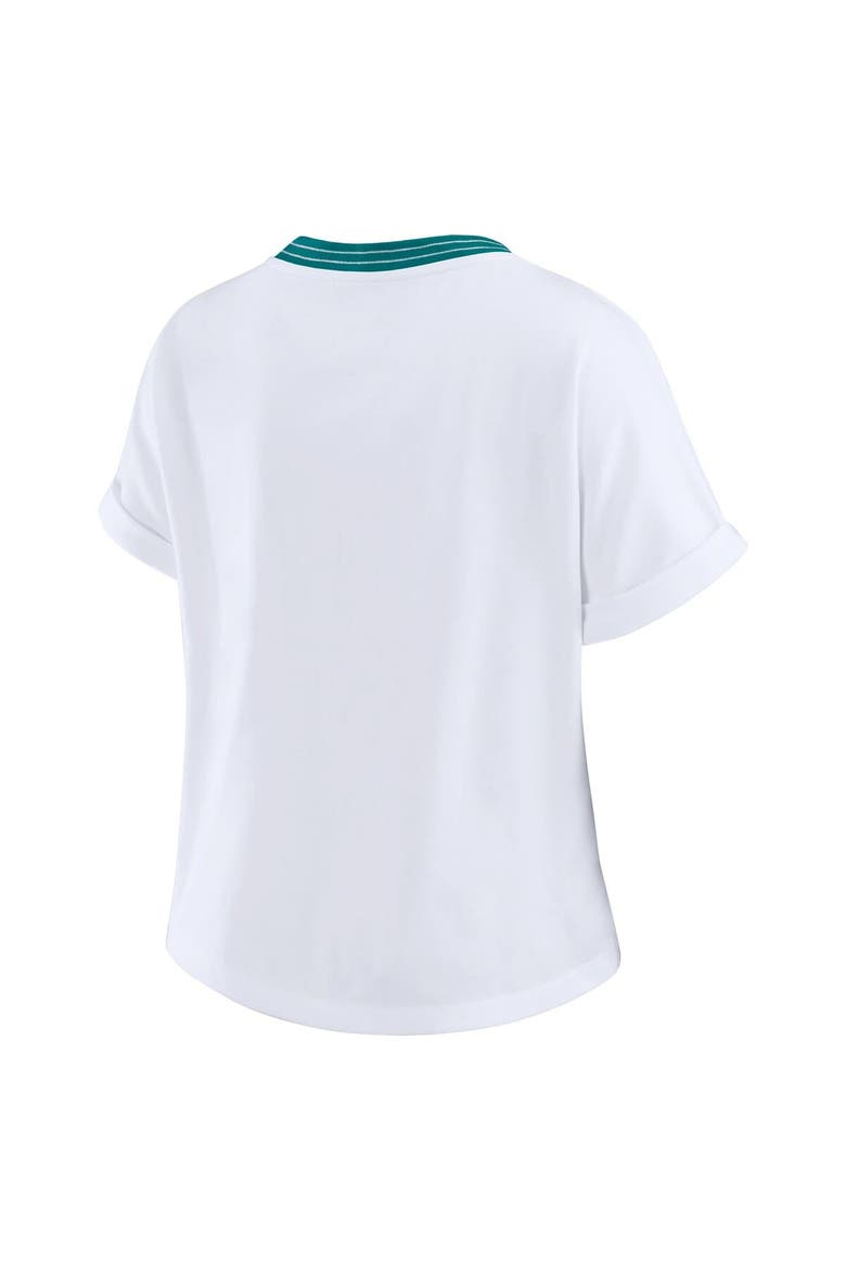 Women's WEAR by Erin Andrews White Miami Dolphins Cropped Center Stripe Dolman T-Shirt, Alternate, color, White