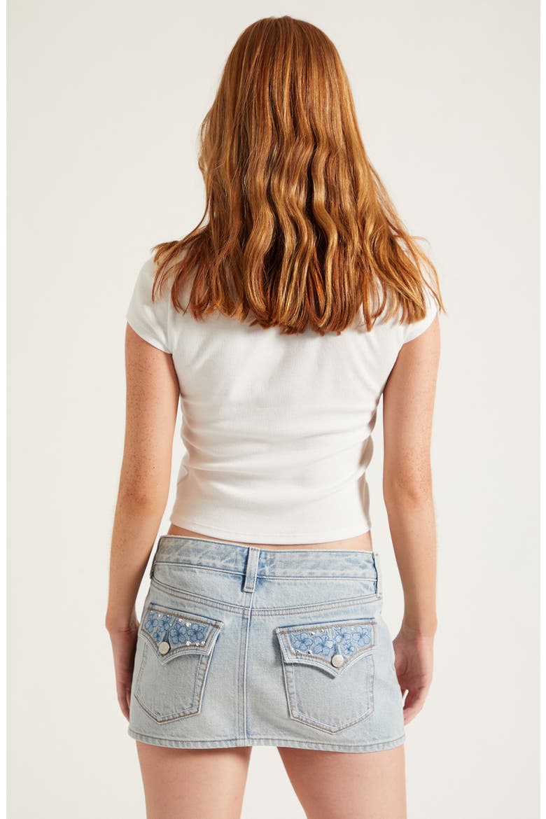 Piper Flower Embroidered Micro Mini Denim Skrit, Alternate, color, LIGHT INDIGO