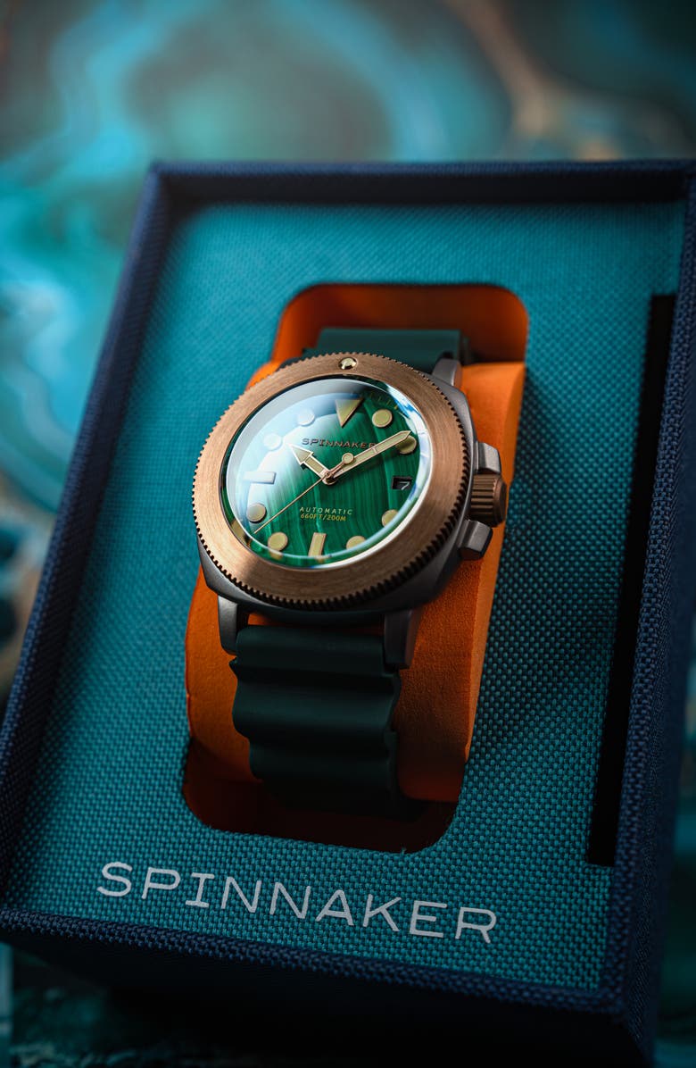 SPINNAKER Hull Titanium Bronze Automatic Lapidary Malachite Silicone Strap Watch, 42mm, Alternate, color, 