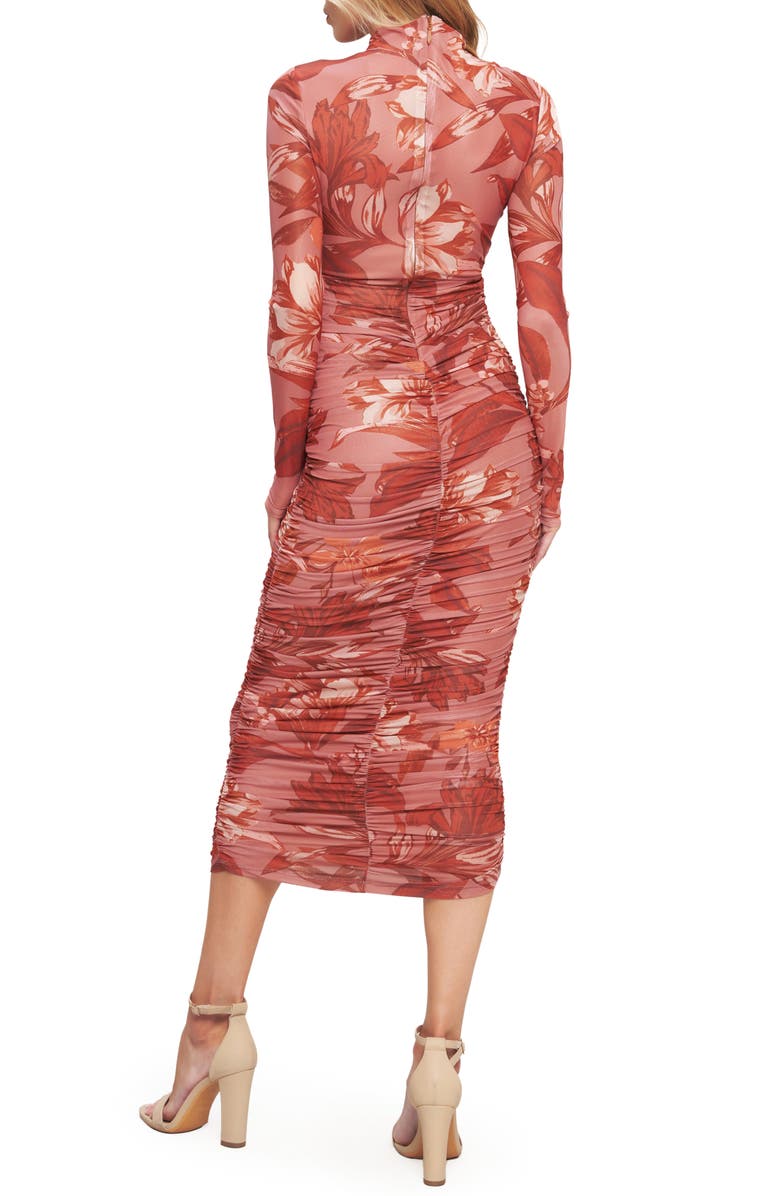FLYING TOMATO Floral Long Sleeve Ruched Mesh Body-Con Dress, Alternate, color, Sienna