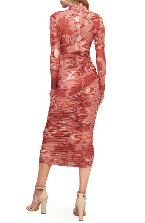Flying Tomato Floral Long Sleeve Ruched Mesh Body-con Dress In Brown
