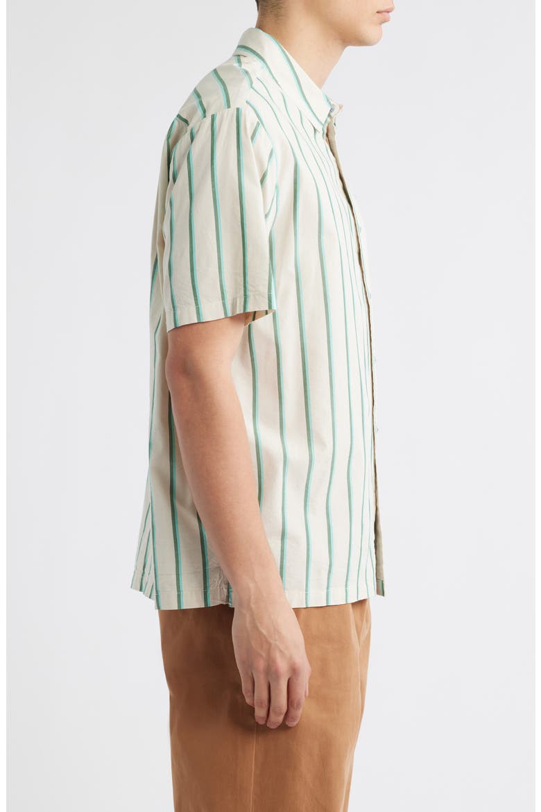 Cru Oxford Stripe Short Sleeve Cotton Blend Button-Up Shirt, Alternate, color, BEIGE/PINE NEEDLE/GREEN