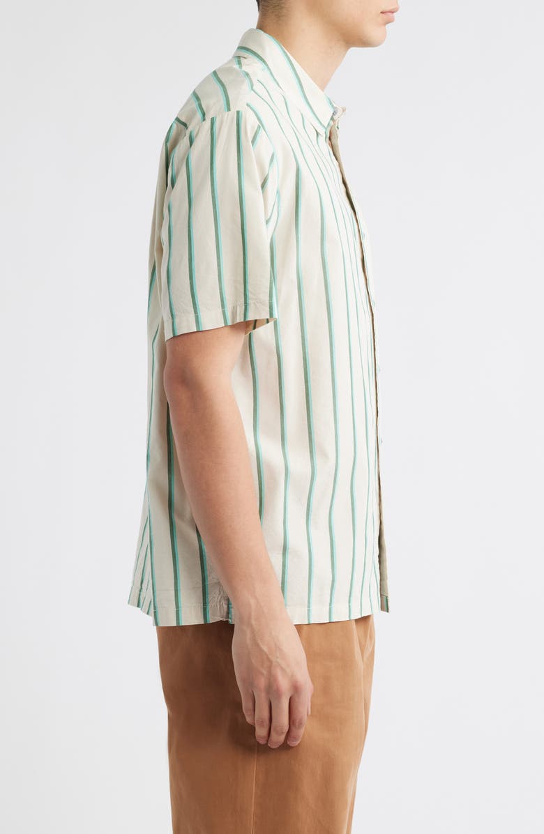 Brixton Cru Oxford Stripe Short Sleeve Cotton Blend Button-Up Shirt, Alternate, color, Beige/Pine Needle/Green