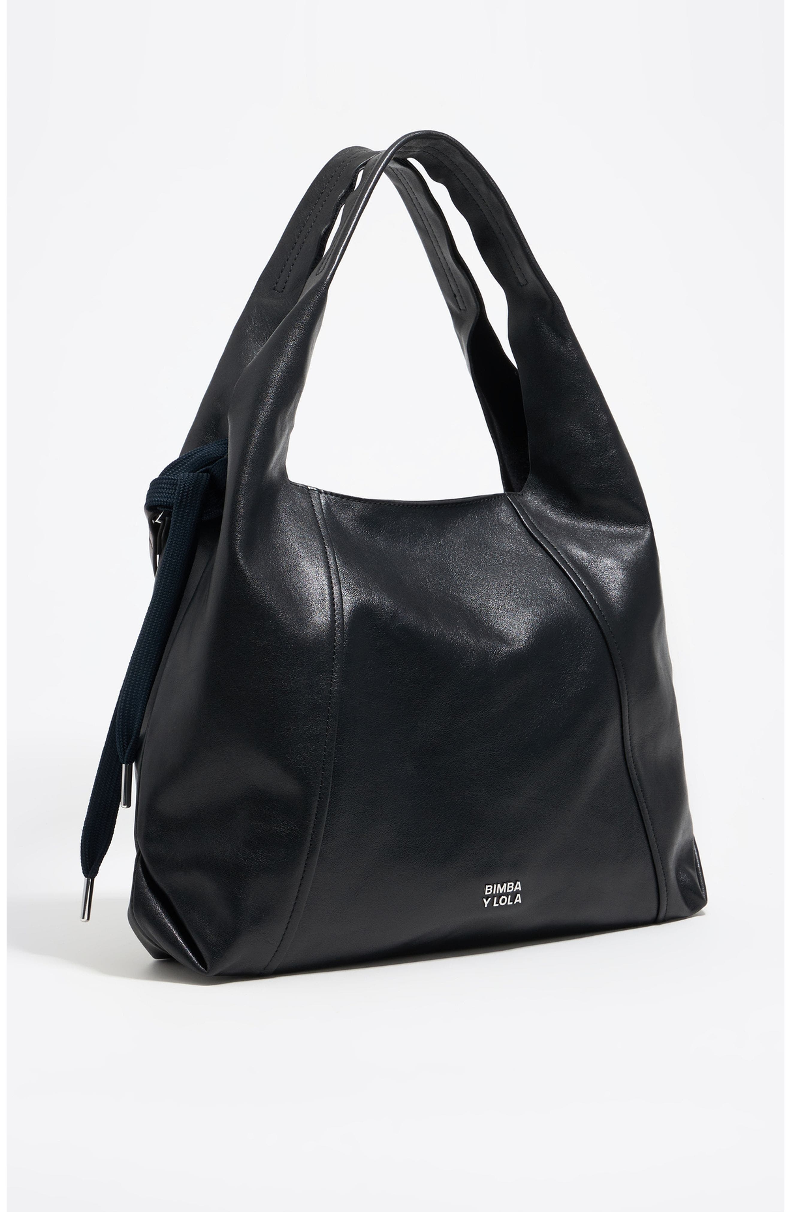 Bimba y Lola Large Leather Paper Bag, Main, color, Black