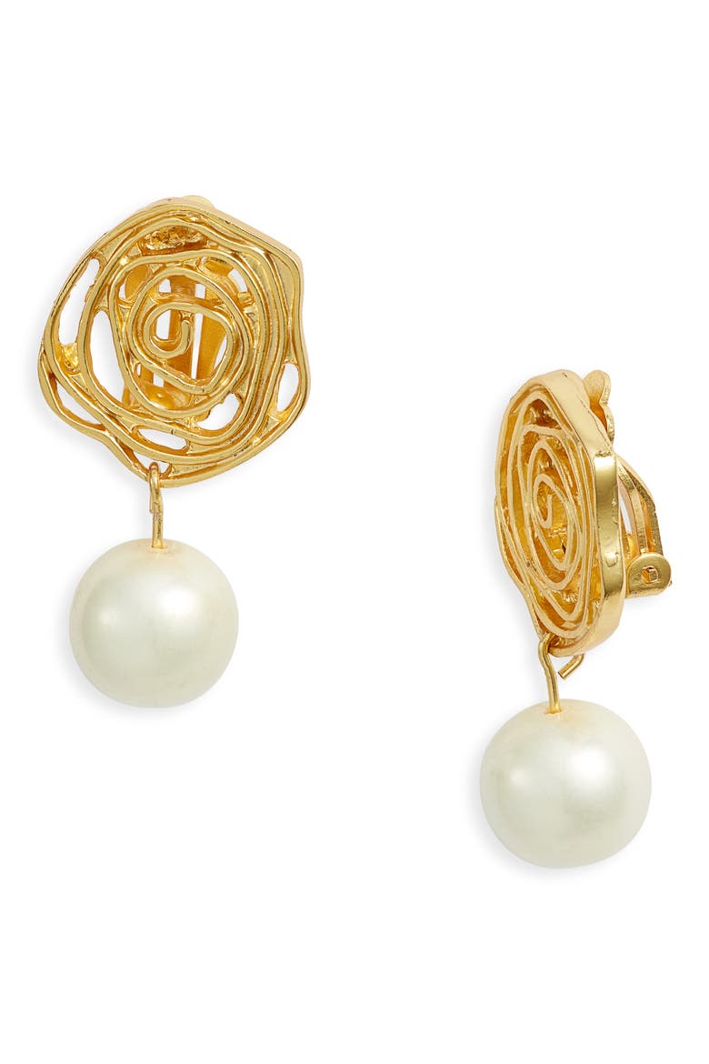 Flower Swirl Pearl Drop Clip-On Earrings, Main, color, GOLD