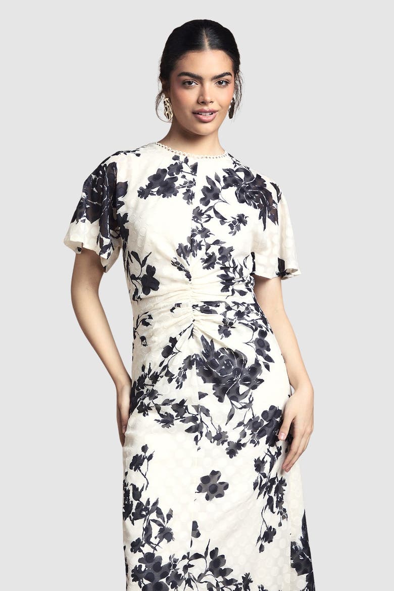Floral Jacquard Cape Sleeve Midi Dress, Alternate, color, Ivory