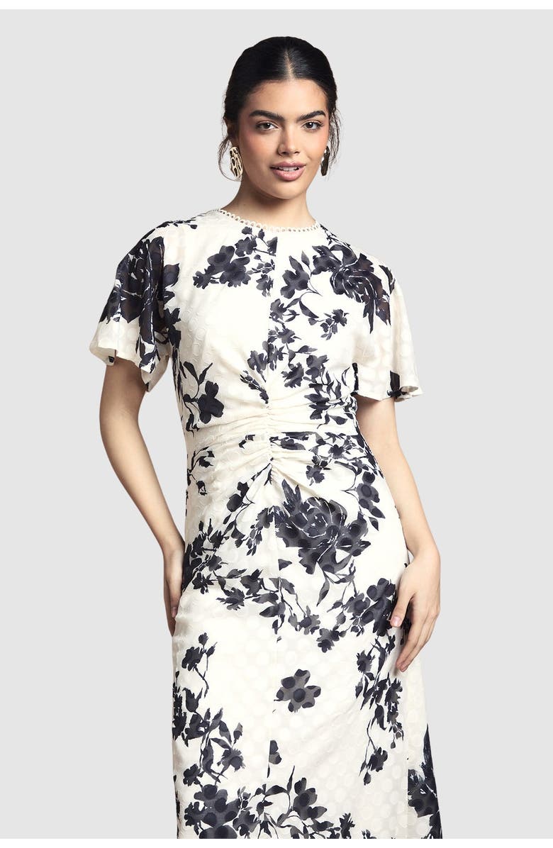 Wallis Floral Jacquard Cape Sleeve Midi Dress, Alternate, color, Ivory