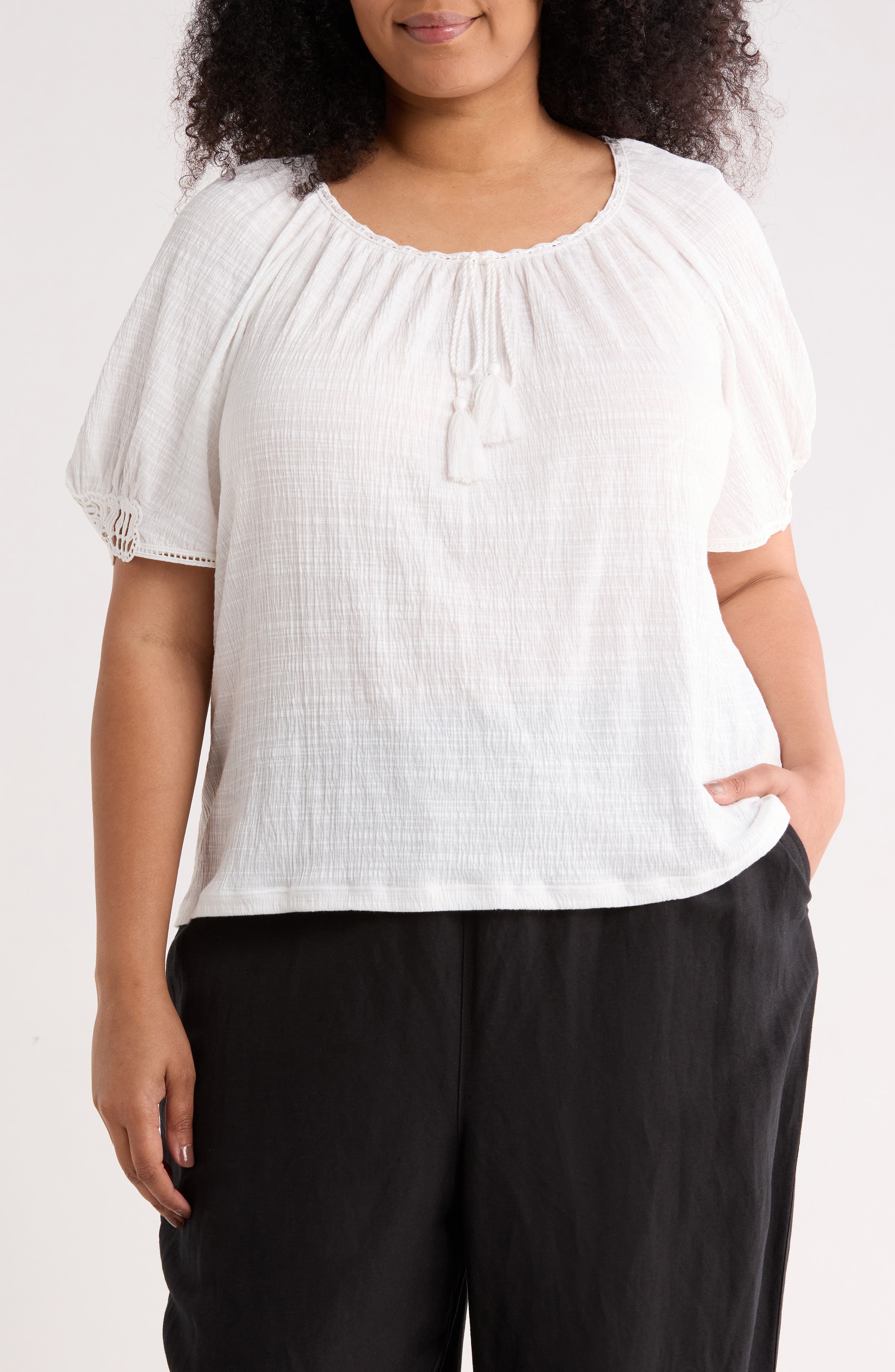 MAX STUDIO Lace Inset Elbow Sleeve Top