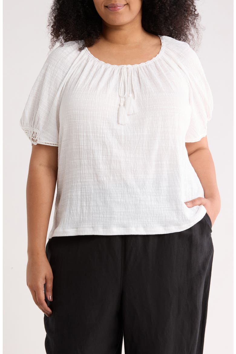 Lace Inset Elbow Sleeve Top, Main, color, WHITE-WHITE