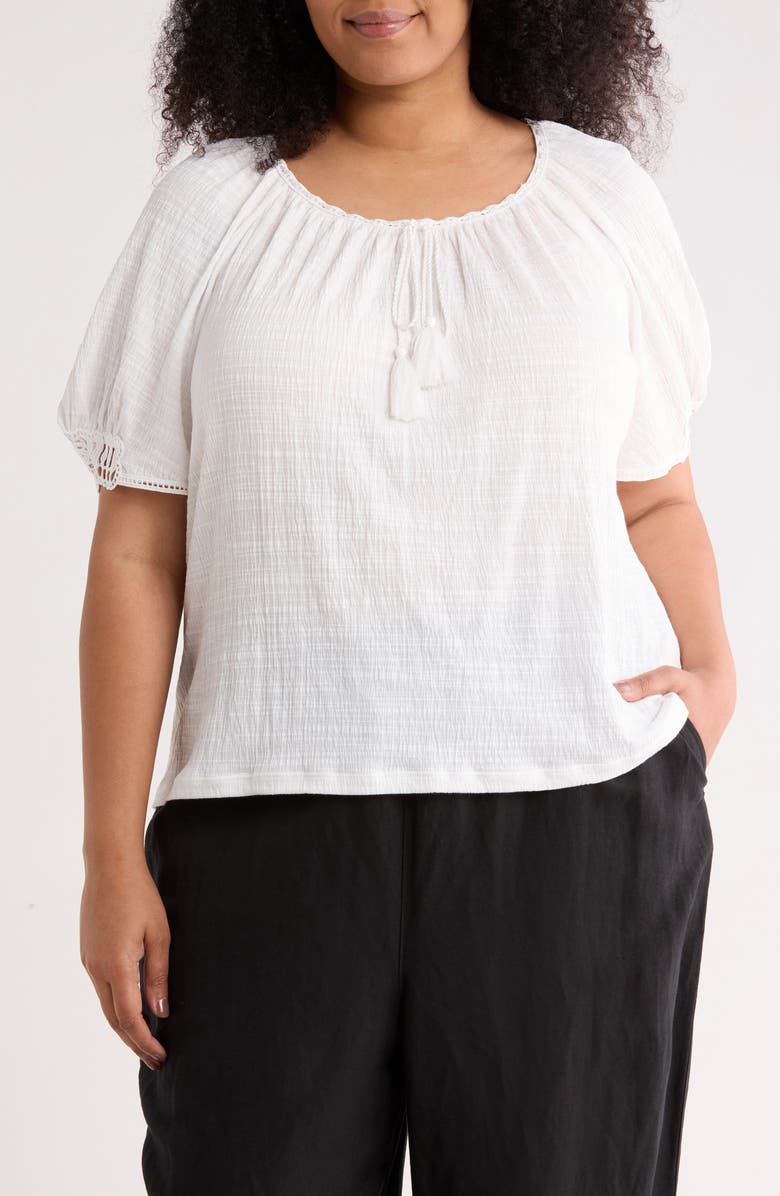 MAX STUDIO Lace Inset Elbow Sleeve Top, Main, color, White-White