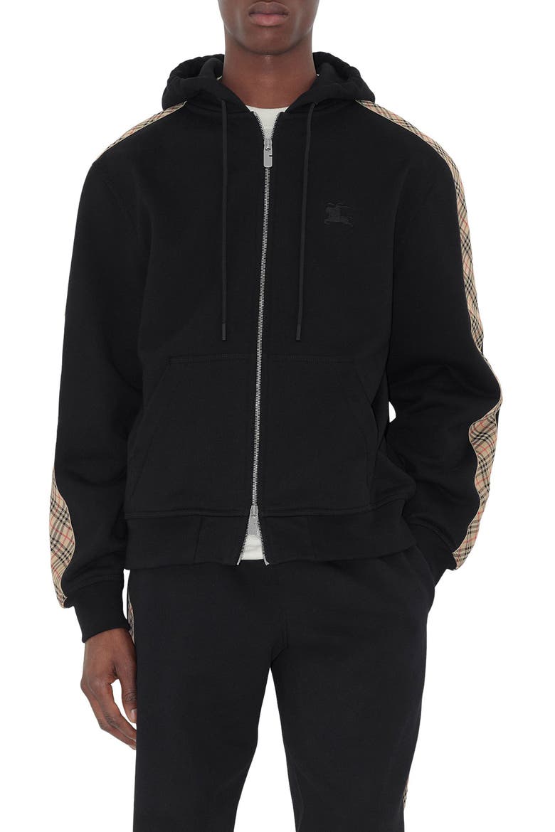 EKD Embroidered Check Trim French Terry Full Zip Hoodie, Main, color, BLACK