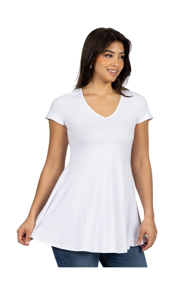 24seven Comfort Apparel Short Sleeve Loose Fit Tunic Top with V-Neck, Alternate, color, White