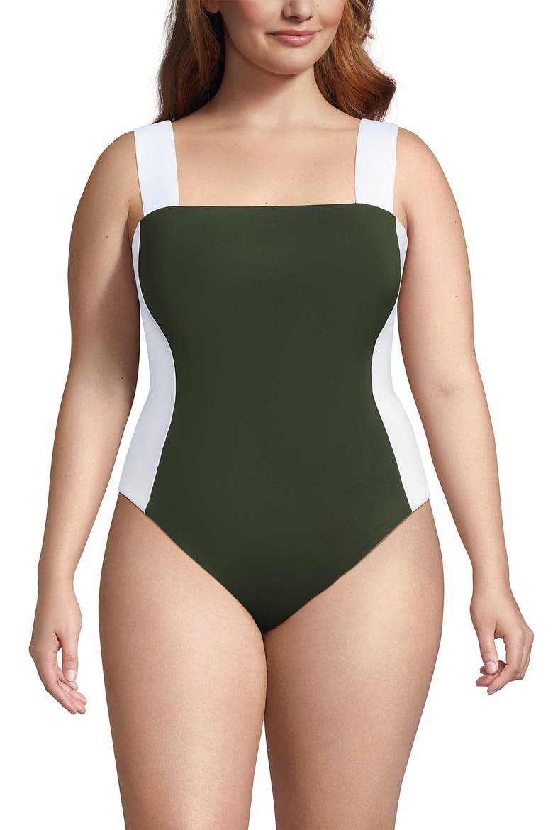Square Neck High Leg One Piece Swimsuit, Main, color, Rich Olive Green/White