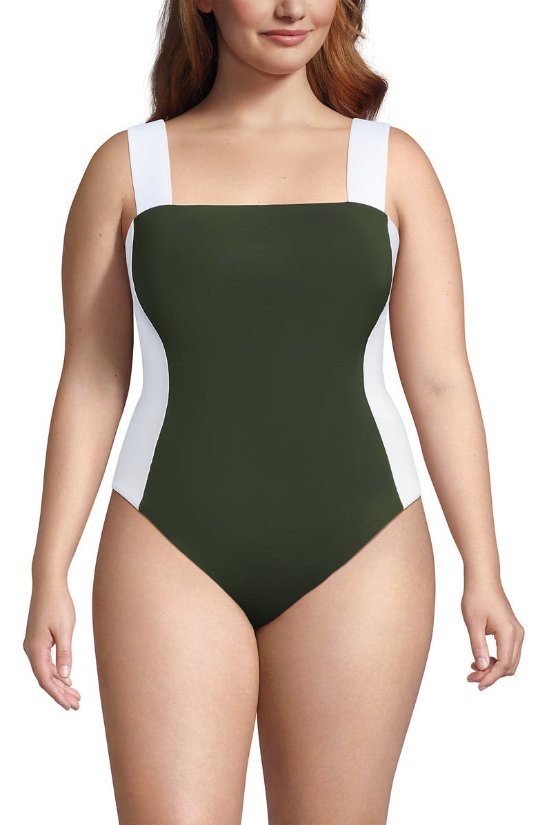 Lands' End Square Neck High Leg One Piece Swimsuit, Main, color, Rich Olive Green/White