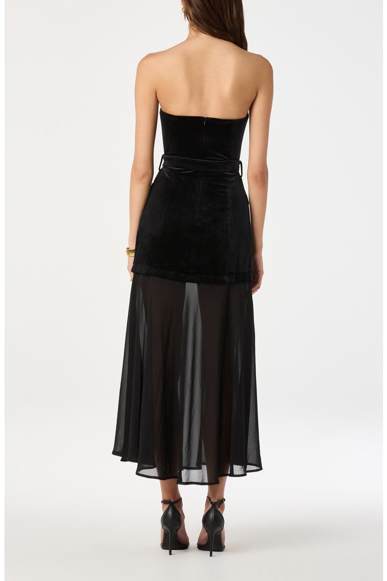 Strapless Belted Semisheer Velvet Midi Dress, Alternate, color, BLACK
