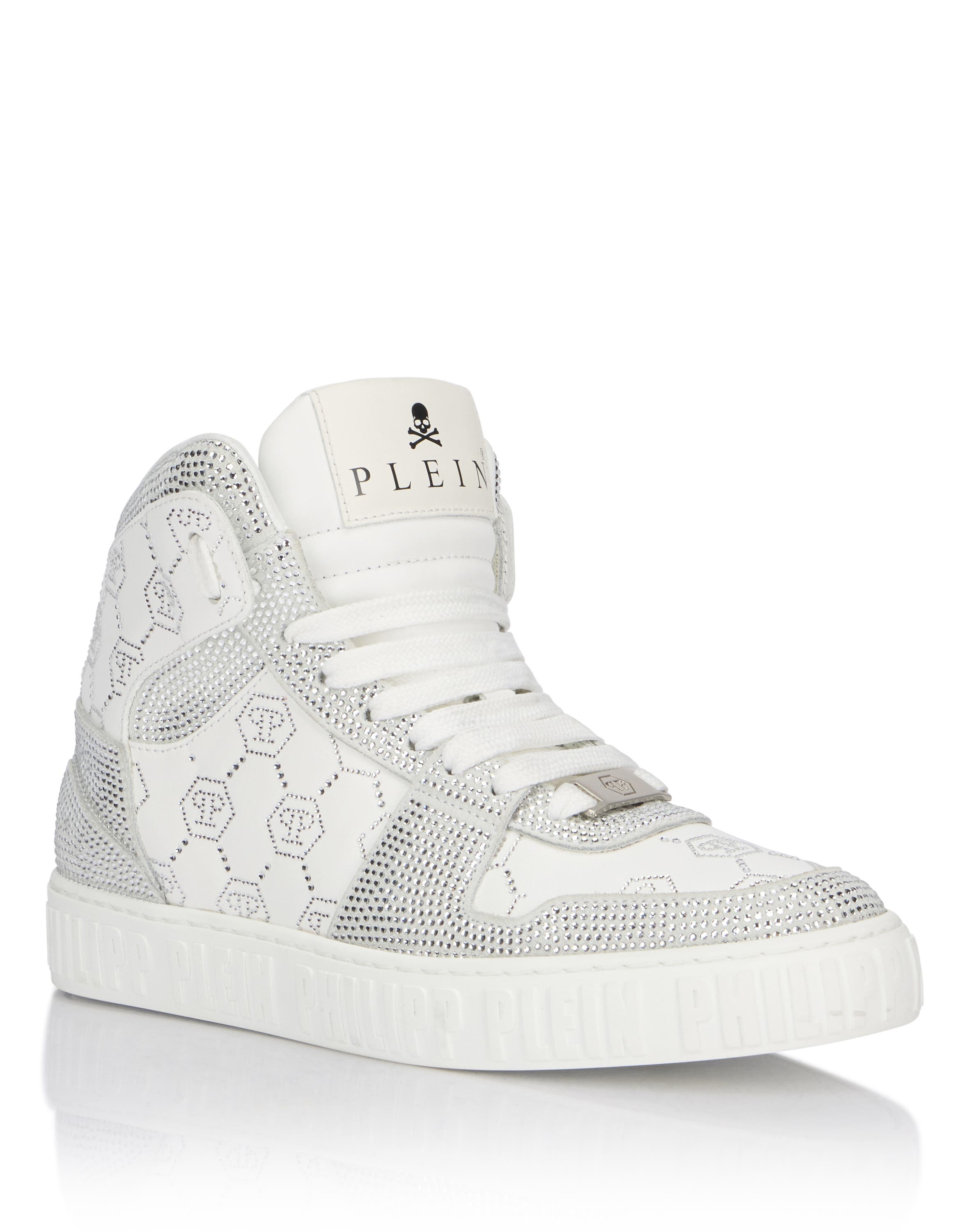 Philipp Plein High Top Sneakers Carson Monogram Strass Unisex In White
