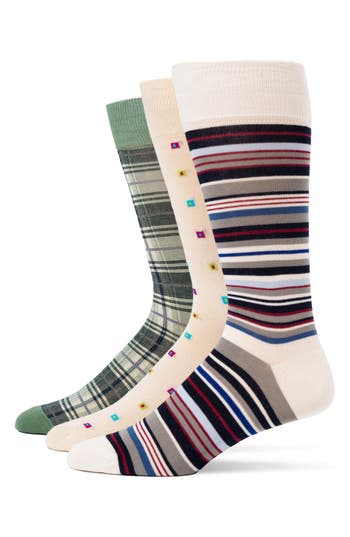 Lorenzo Uomo Stripe Square Plaid 3-pack Assorted Crew Socks In Cream
