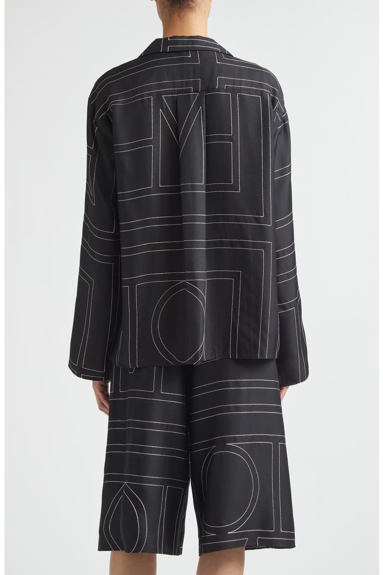 Monogram Embroidered Organic Silk Pajama Top, Alternate, color, BLACK
