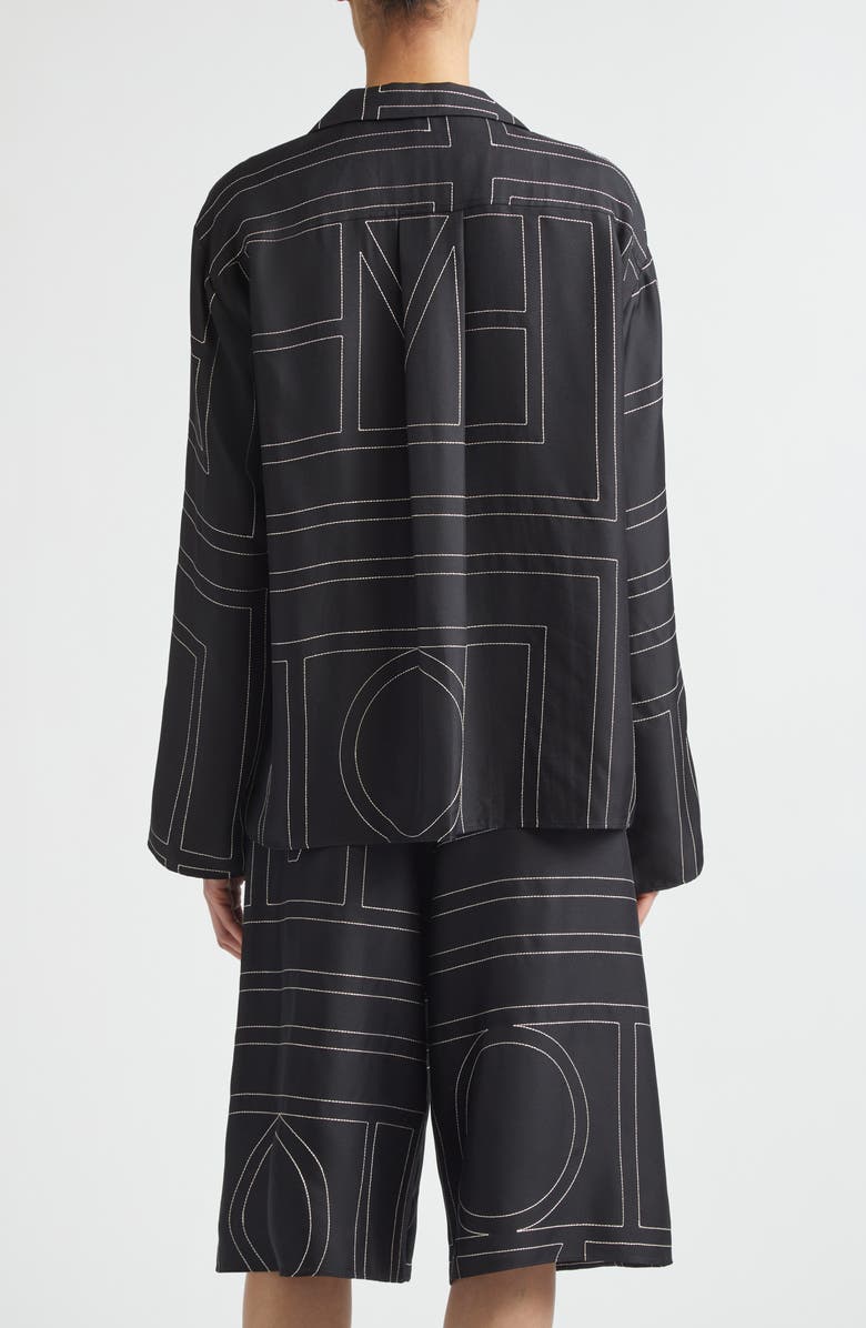TOTEME Monogram Embroidered Organic Silk Pajama Top, Alternate, color, Black