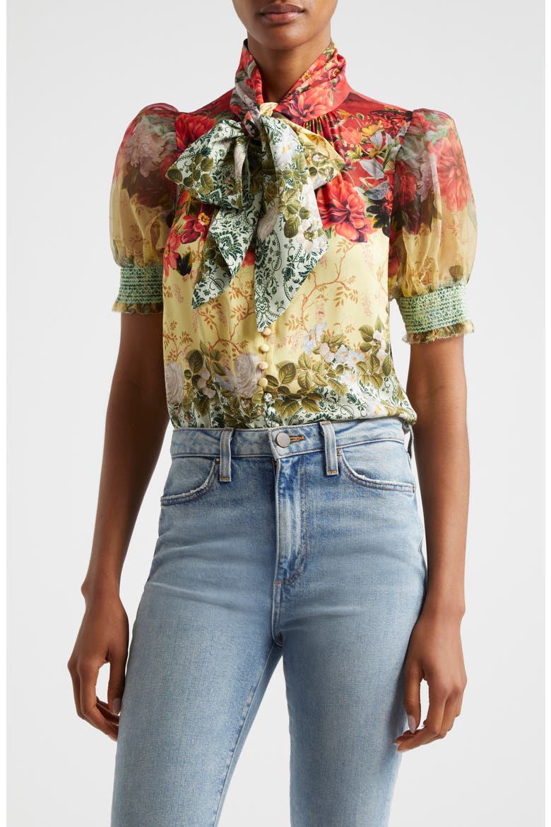 Brentley Floral Tie Neck Puff Sleeve Top, Main, color, OAKLEY