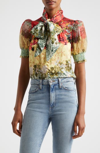 $375 NEW CINQ A SEPT FLORAL PRINT TIE-NECK store TOP