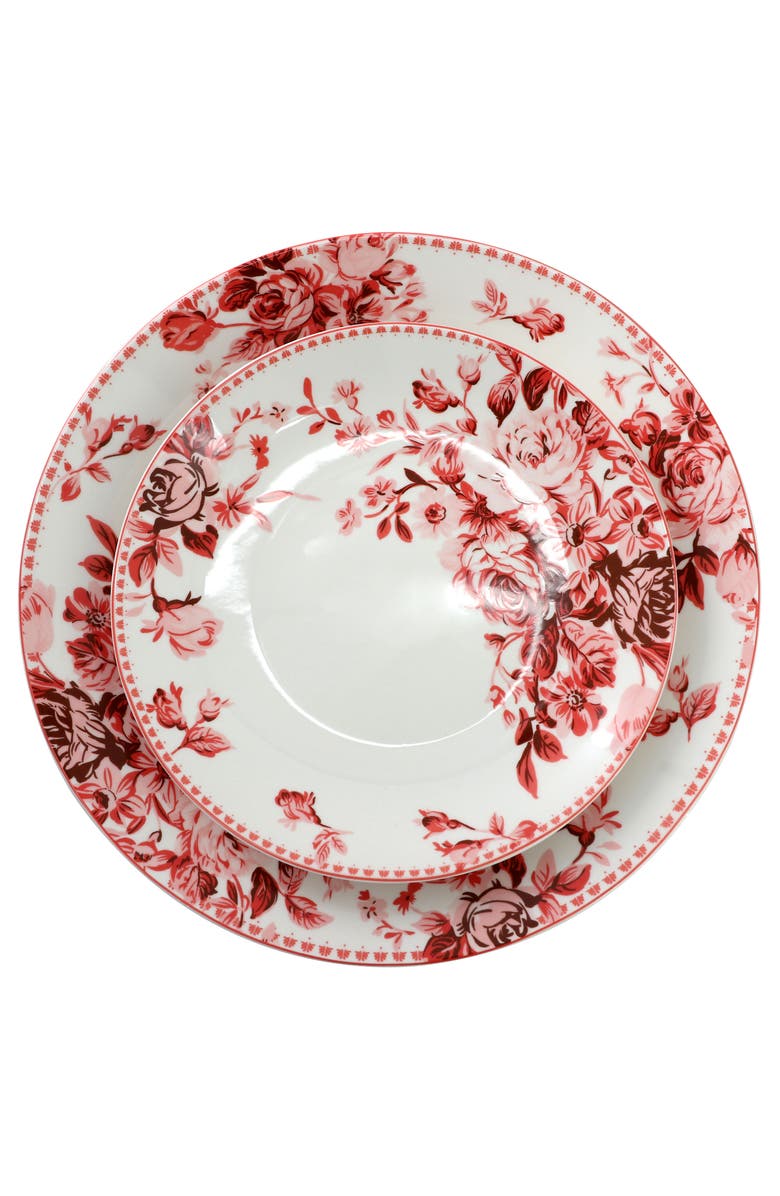 Elama Traditional Rose 16 Piece Stoneware Dinnerware Set, Alternate, color, Red