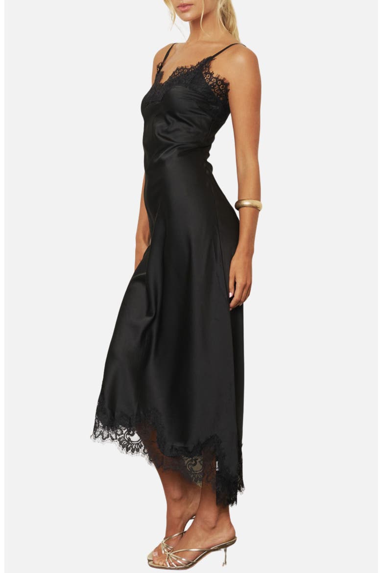 Lace Trim Satin Midi Dress, Alternate, color, BLACK