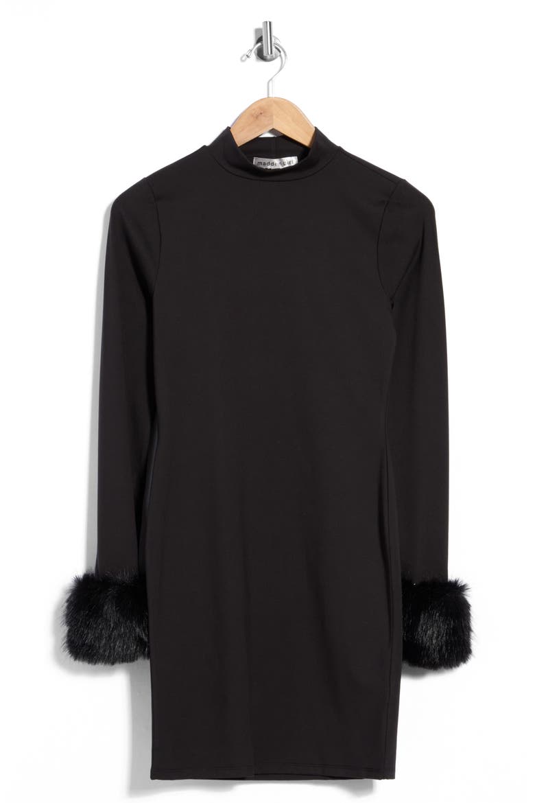 Faux Fur Trim Mock Neck Minidress, Main, color, BLACK