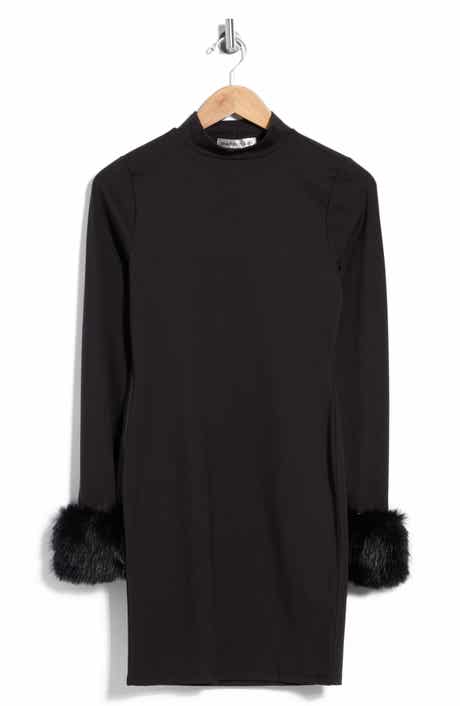 Faux Fur Trim Mock Neck Minidress