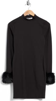 Madden Girl Faux Fur Trim Mock Neck Minidress