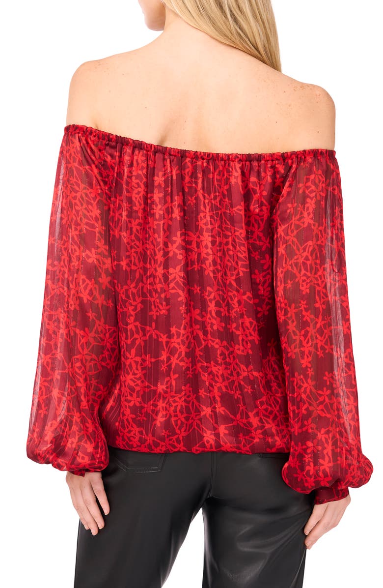 Vince Camuto Floral Metallic Stripe Off the Shoulder Top, Alternate, color, Crimson