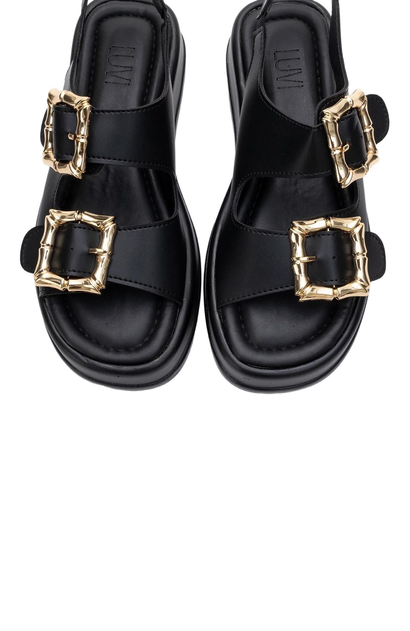 Slope Double Strap Sandal, Alternate, color, Black Faux Leather