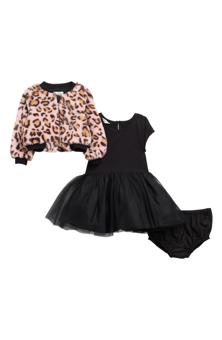 Pippa & Julie Maya Tutu Dress, Faux Fur Jacket & Bloomers Set, Main, color, Pink/ Black
