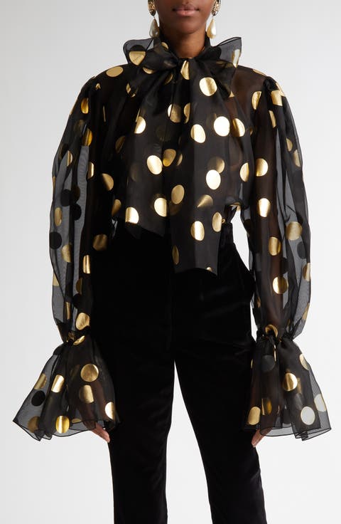 Polka Dot Bow Bell Sleeve Sheer Silk Top
