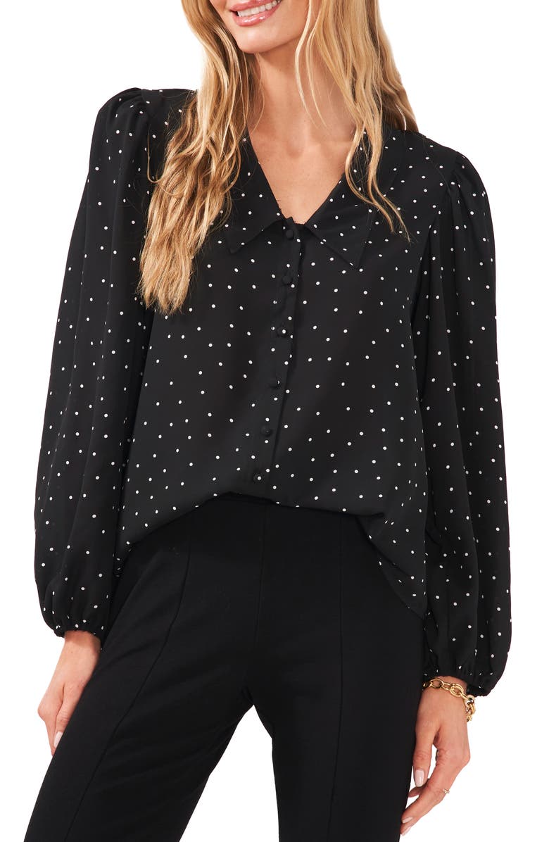 Chaus Polka Dot Balloon Sleeve Button-Up Blouse, Main, color, 