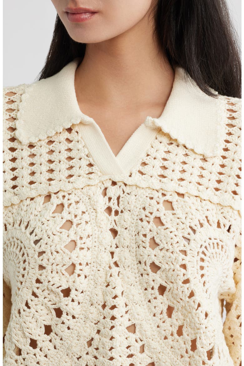 Crochet Cotton Johnny Collar Polo Sweater, Alternate, color, OFF-WHITE