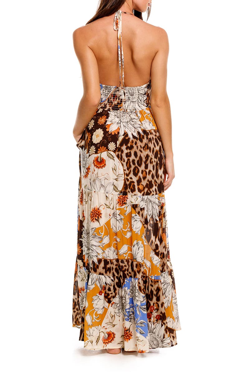 Agua Bendita Gabrielle Quilt Tue Front Halter Cover-Up Maxi Dress., Alternate, color, Brown